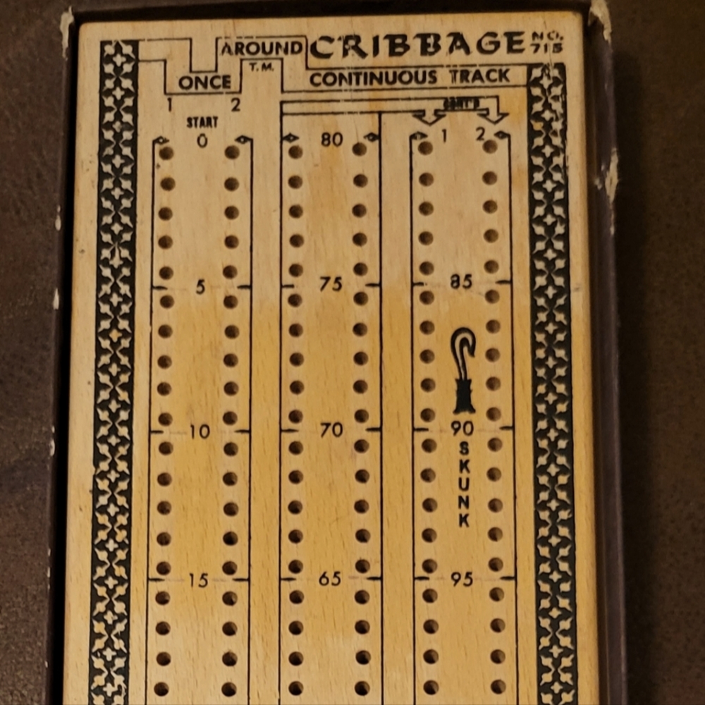 1967 Vintage Cribbage Board with Wooden Pegs